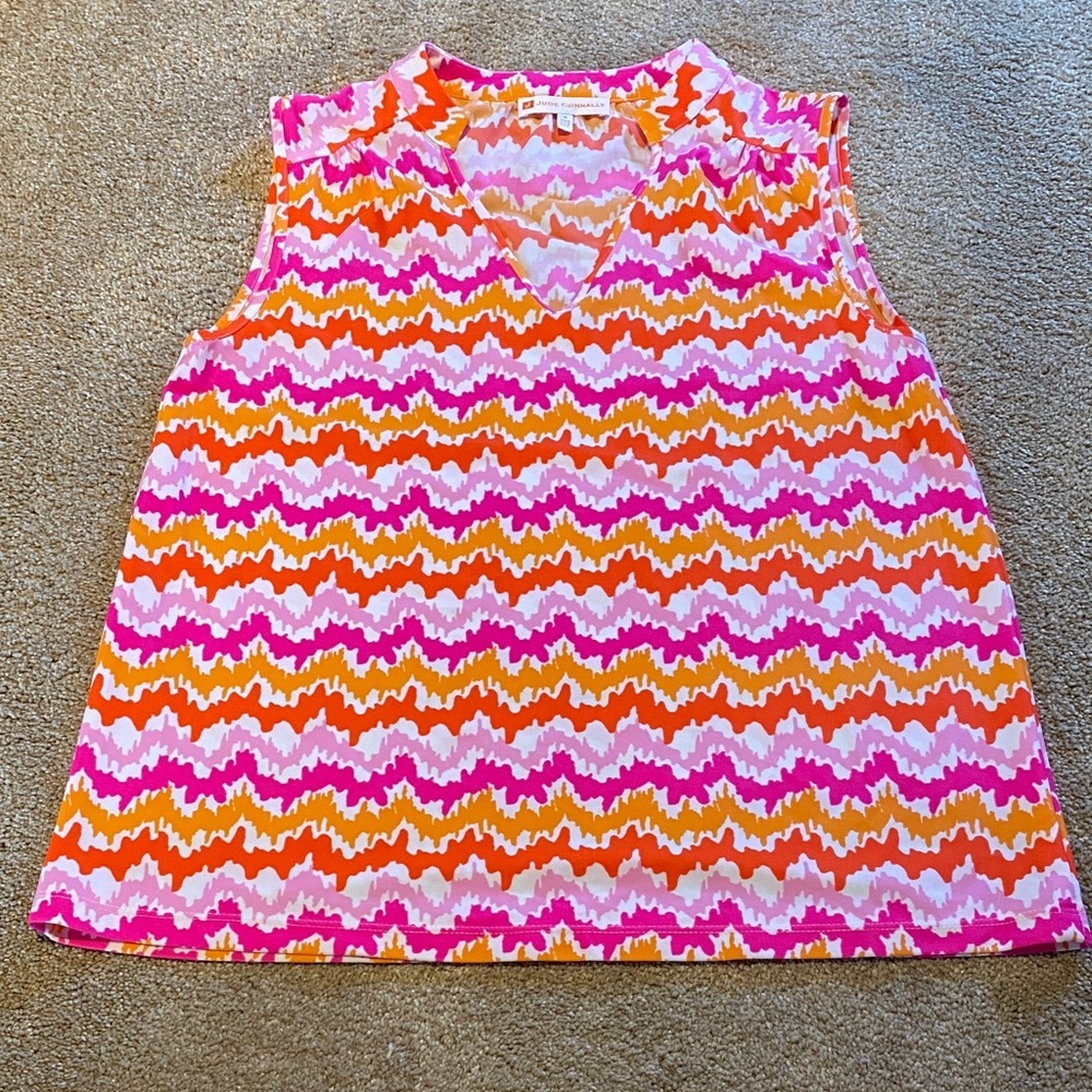 Jude Connally Women’s Tank Shell Split Neck Top Pink Orange Stripe Size Medium